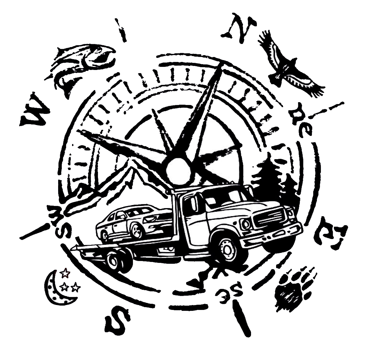 Compass and flatbed tow truck illustration for Palmer Flatbed Towing